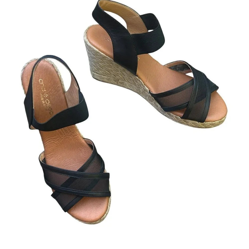 Andre Assoue Black Stretch Mesh Wedge Espadrille Sandals Size 37